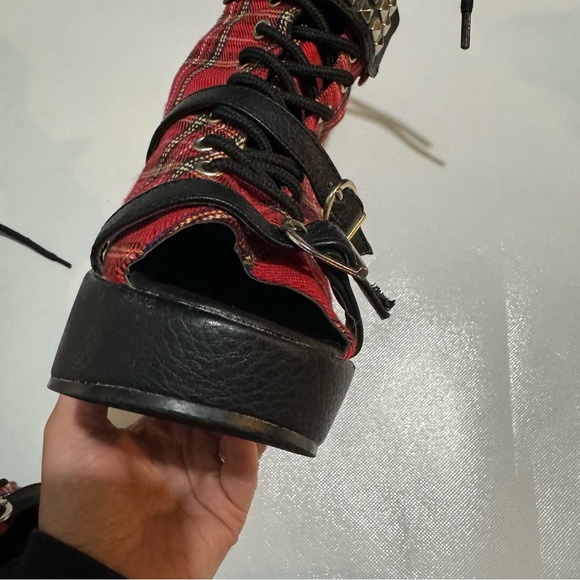 Demonic Red Plaid Tartan Wedge Peep Toe Lace Up Shoes Grunge Punk Gothic Size 7 - Picture 11 of 12